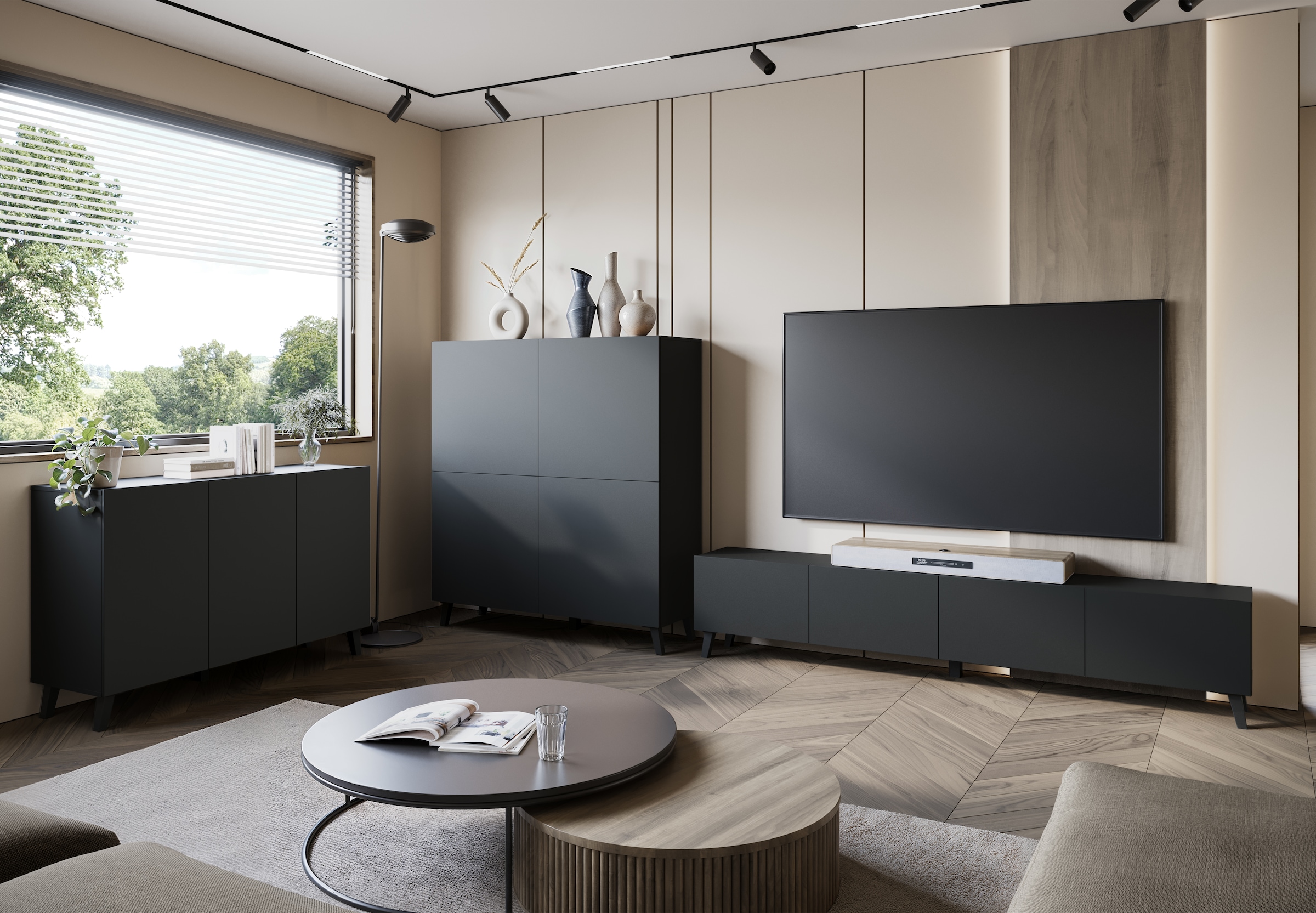 Home affaire Buffet »SIDEBOARD PHUKET II, Stilvolle, grifflose kommode, Breite 180cm« avec 5 portes, 1 abattant, 7 compartiments et étagères réglables en hauteur