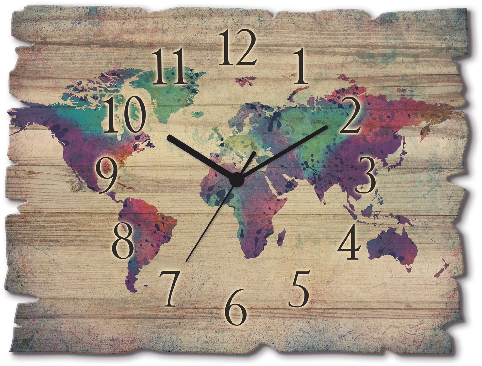 Image of Artland Wanduhr »Holzuhr bunte Weltkarte«, in vielen Grössen & Produktarten - Alubild / Outdoorbild für den Aussenbereich, Leinwandbild, Poster, Wandaufkleber / Wandtattoo auch für Badezimmer geeignet bei Ackermann Versand Schweiz
