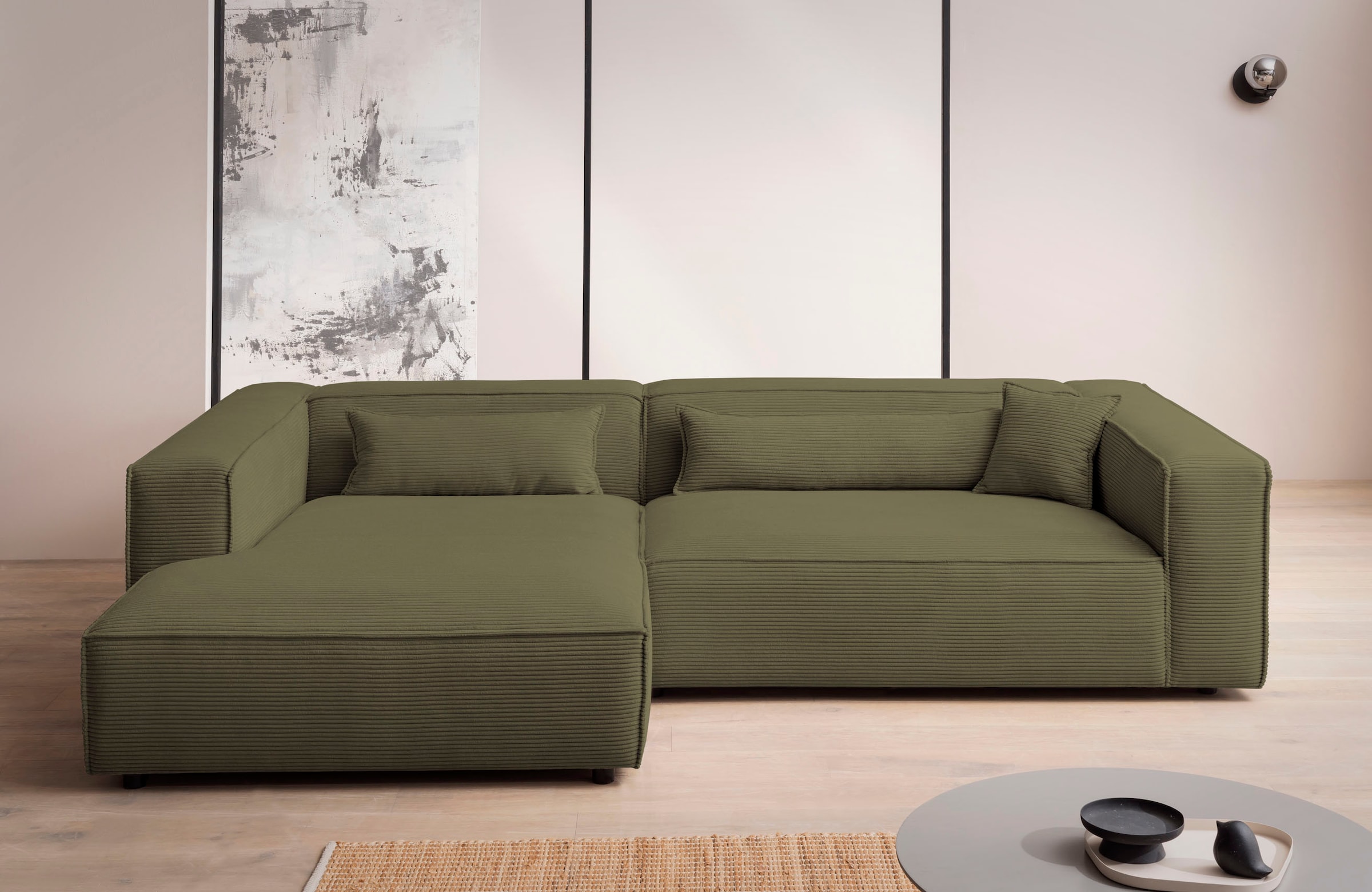 LeGer Home by Lena Gercke Ecksofa »PIARA XXL, Big-Sofa in Cord oder Leinenoptik, L-Form, mit Kedernaht«, wahlweise Ottomane rechts/links, schwarze Füsse, extra tiefe Sitzfläche