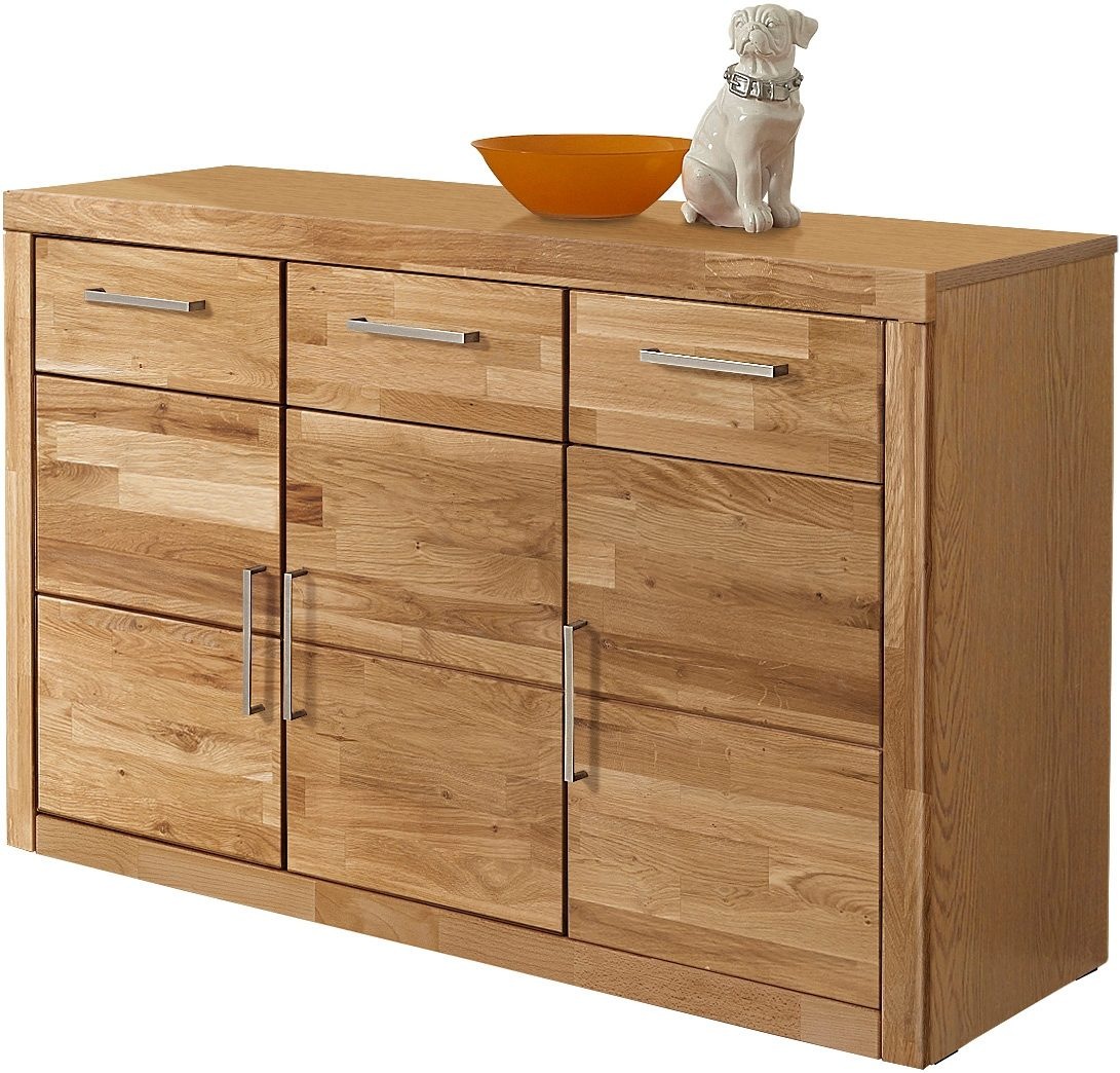 Image of GOODproduct Sideboard "Logo,130cm breit,42 cm tief, Fronten Massivholz,2 breite Fächer" Holz massiv, Holzwerkstoff, Metall Griffe,3Türen,3Schubladen