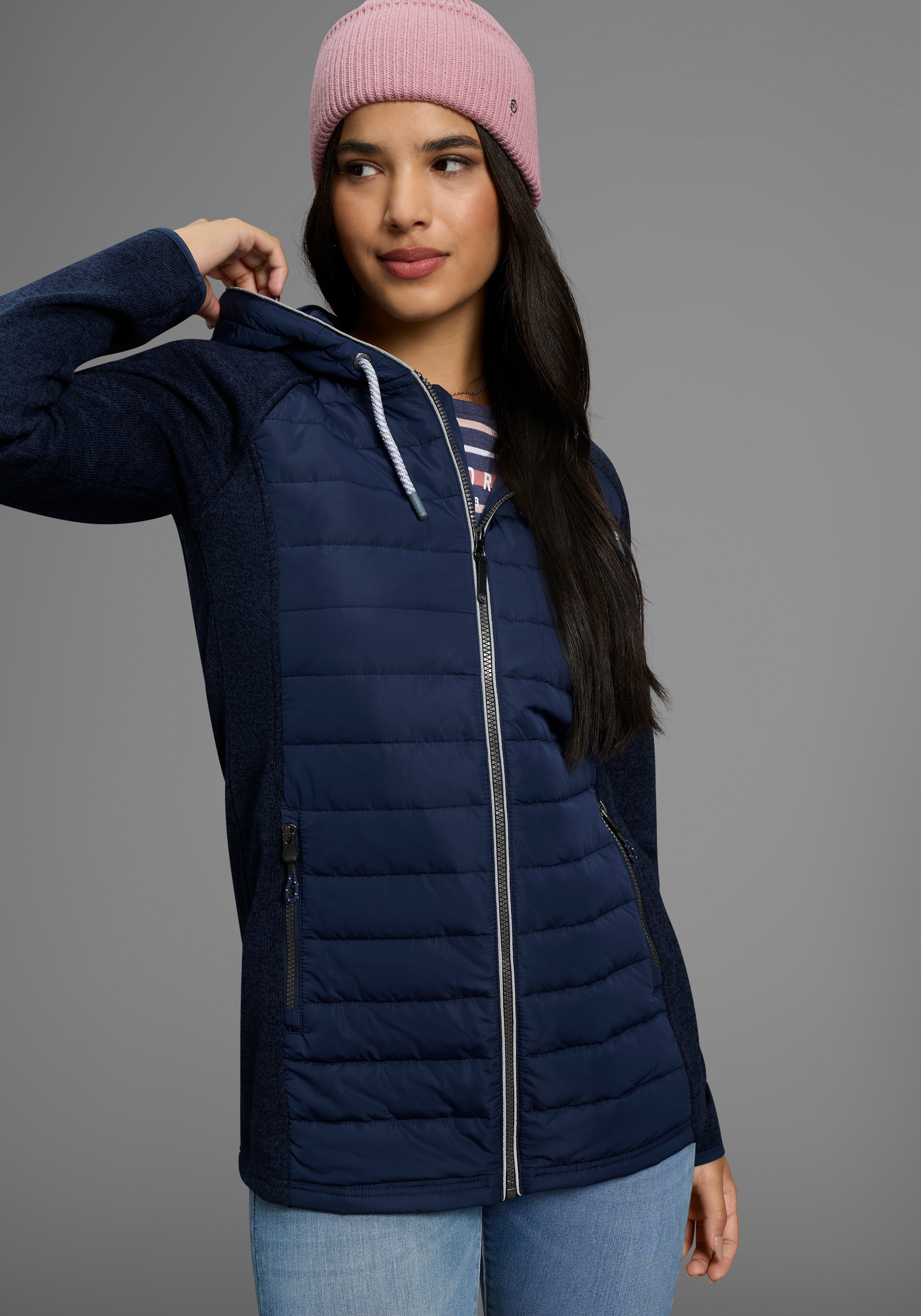 Image of Polarino Strickfleecejacke mit Kapuze mit wattiertem Bereich-Hybridjacke, Übergangsjacke
