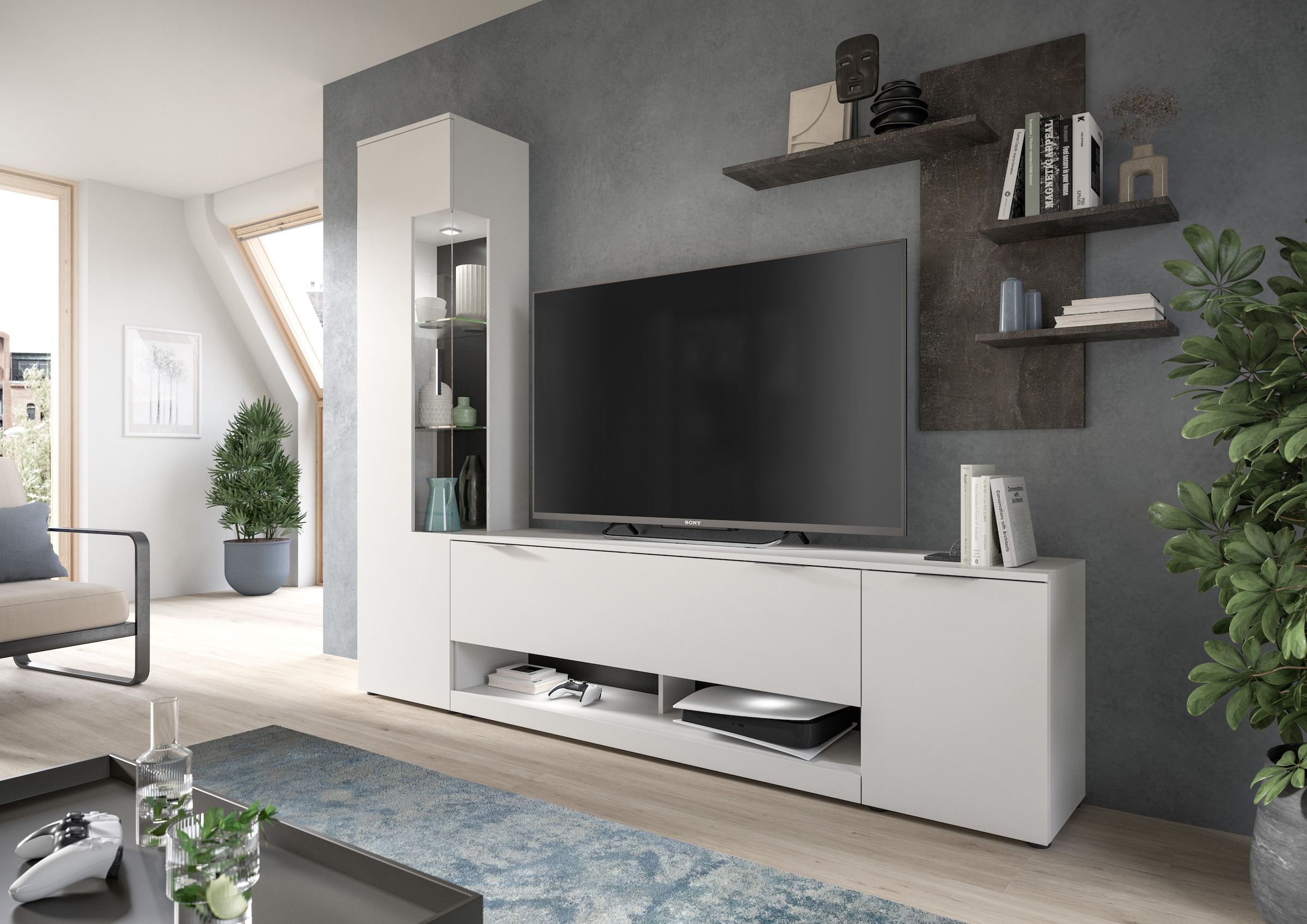 Wohnwand »Porto, Breite 250cm, in Weiss/Beton Nachbildung«, (3 St.), TV-Wand,...