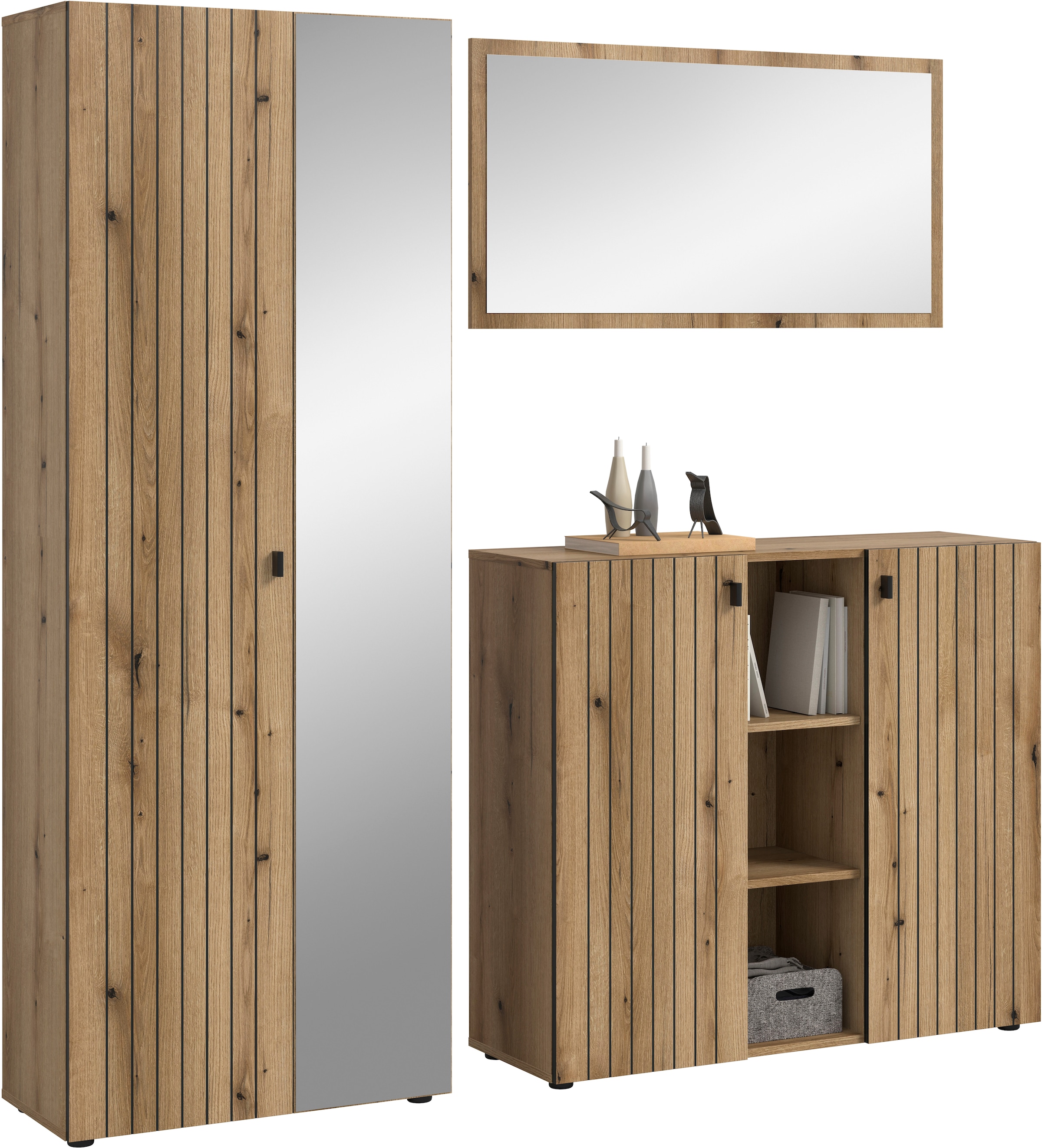 Home affaire Ensemble de vestiaires »TATIO, 3-tlg. Garderobenkombination, Breite: 191 cm, Rillenfräsung« Set, Set, best. aus: 1 Spiegel, 1 Garderobenschrank, 1 Schuhkommode, 3 cuis tlg.