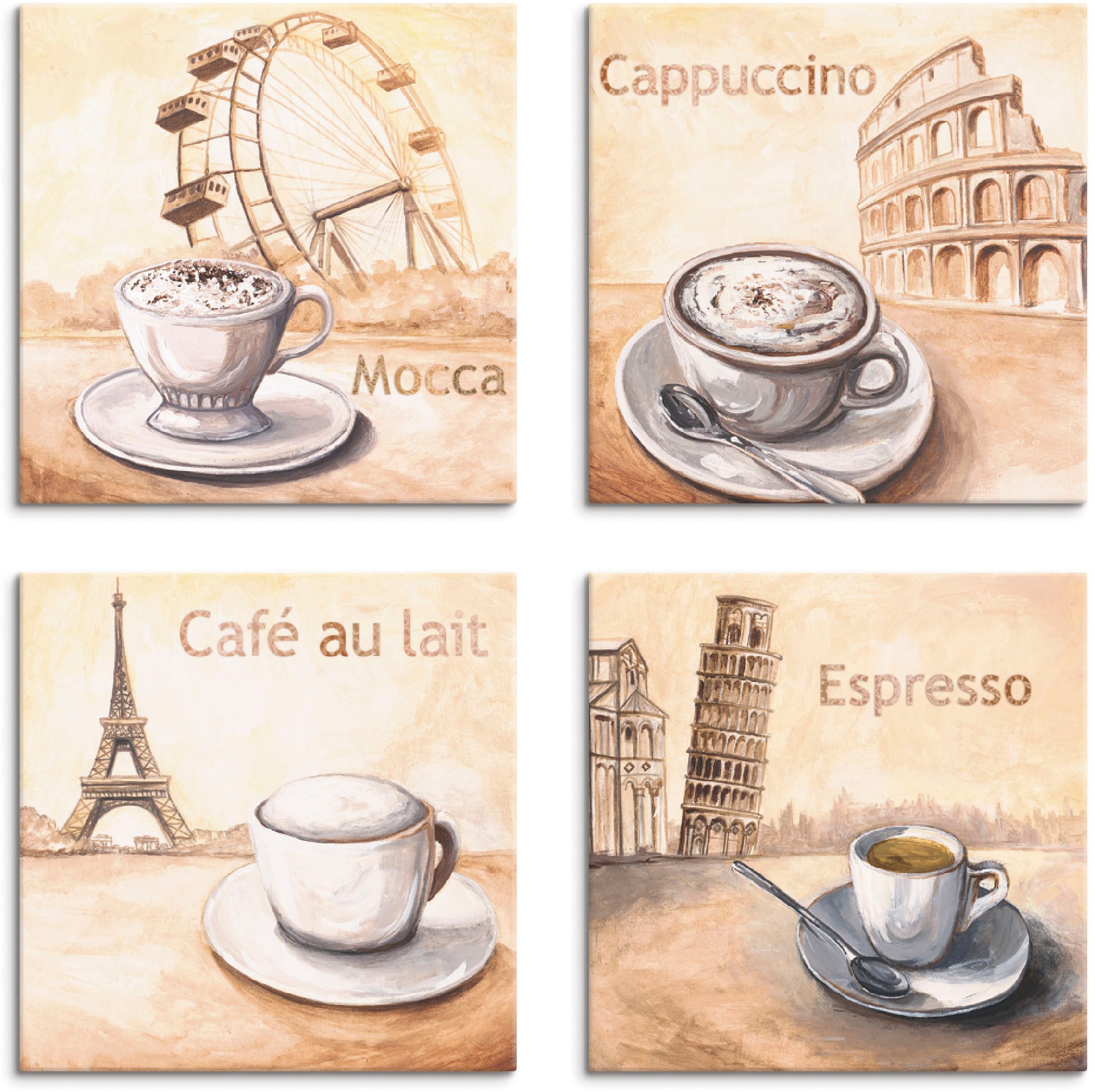Image of Artland Leinwandbild "Mocca Cappuccino Café au lait Espresso" Getränke 4 Stk. tlg. 4er Set, verschiedene Grössen