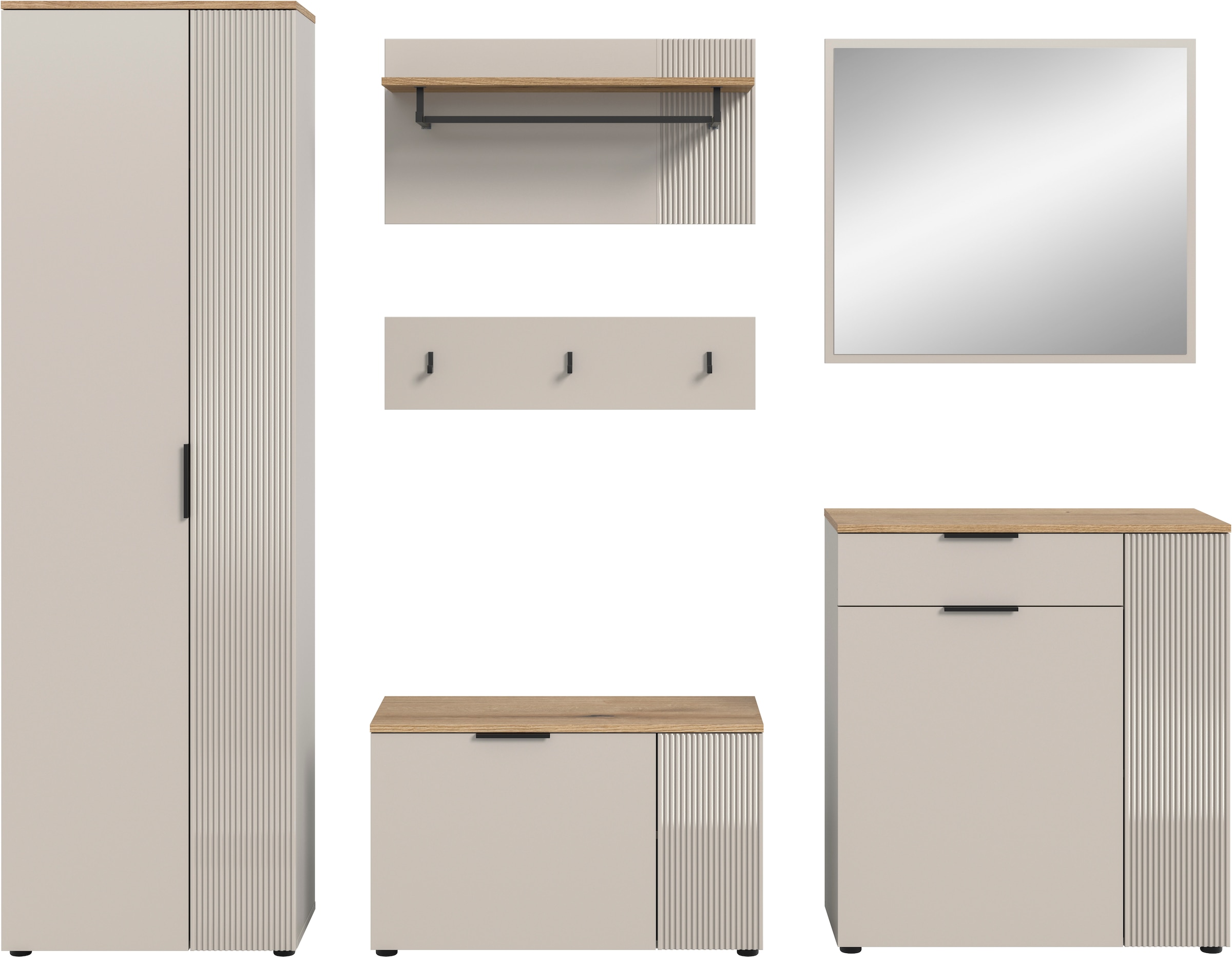 INOSIGN Ensemble de vestiaires »EDIL, Breite 250 cm, 6-teilig, Front mit hochwertiger Längstfräsung« Set, Hochschrank, Sitzbank, Paneel, Hakenleiste, Kommode & Spiegel, 5 cuis tlg.