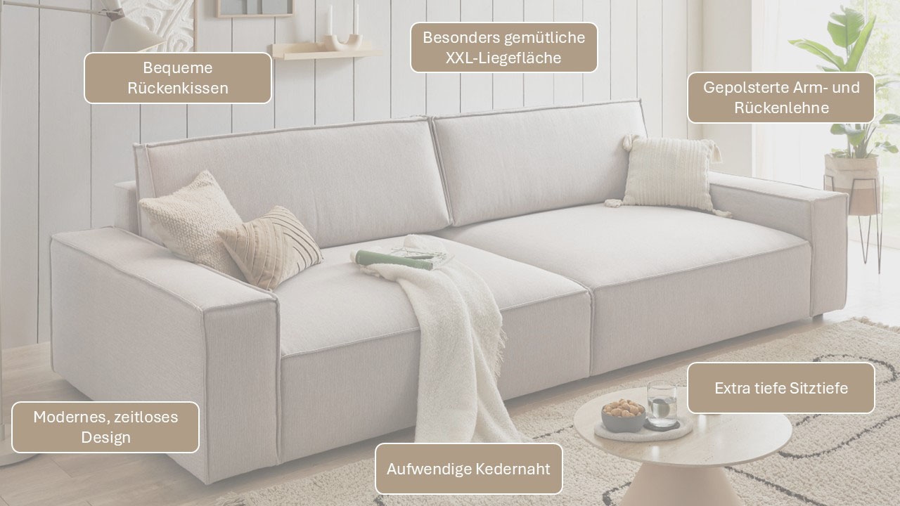 Home affaire Canapé Big »NEU: SHERWOOD XXL, Big-Sofa (316cm), extra tiefe Sitzfläche 95 cm« bequemer Sitzkomfort, Cord u. Leinenoptik, Kedernaht